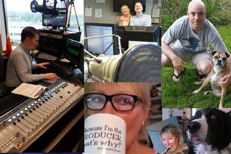 Collage of radio producers and host at work.